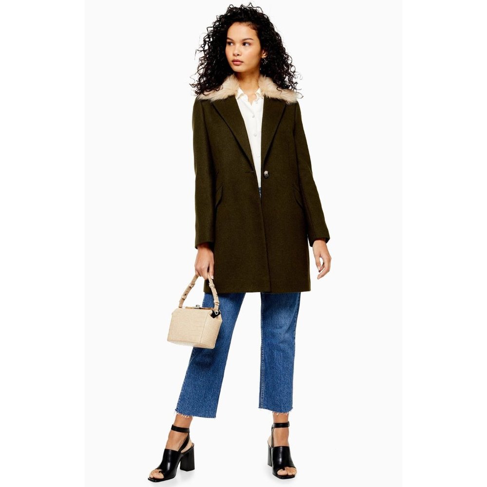 TOPSHOP Monica Faux Fur Collar Coat Olive Green